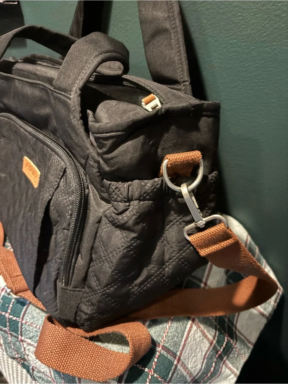 Black Quilted Insulated Lunch Bag with Brown Adjustable Strap 7 pockets